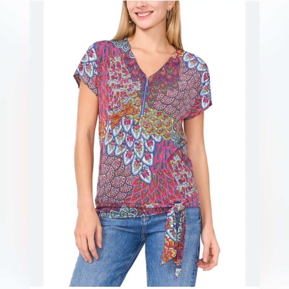 Chaus size XL multicolored patterned top with a front zipper detail side tie